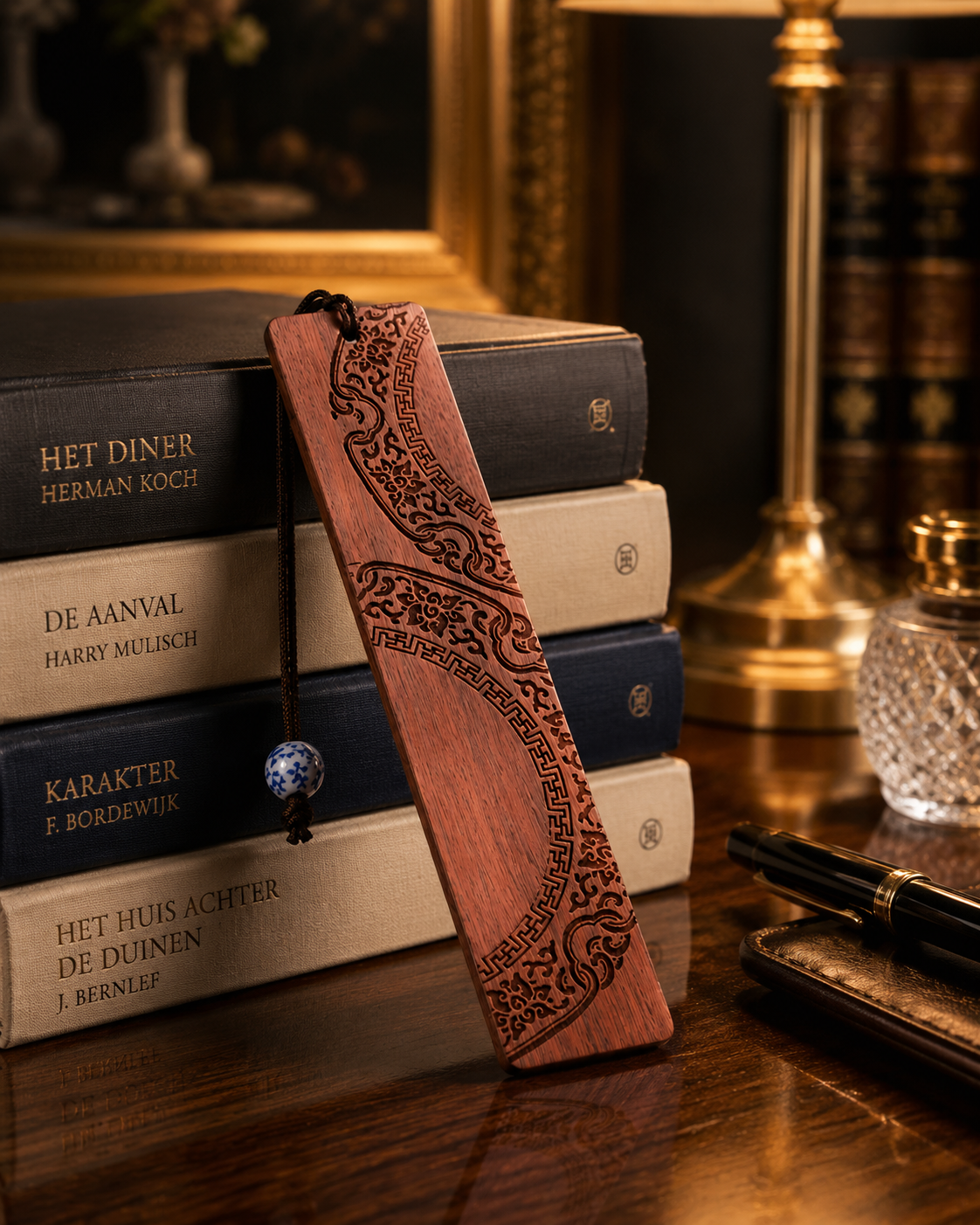 Aziatische houten bladwijzer zwart met Chinees patroon