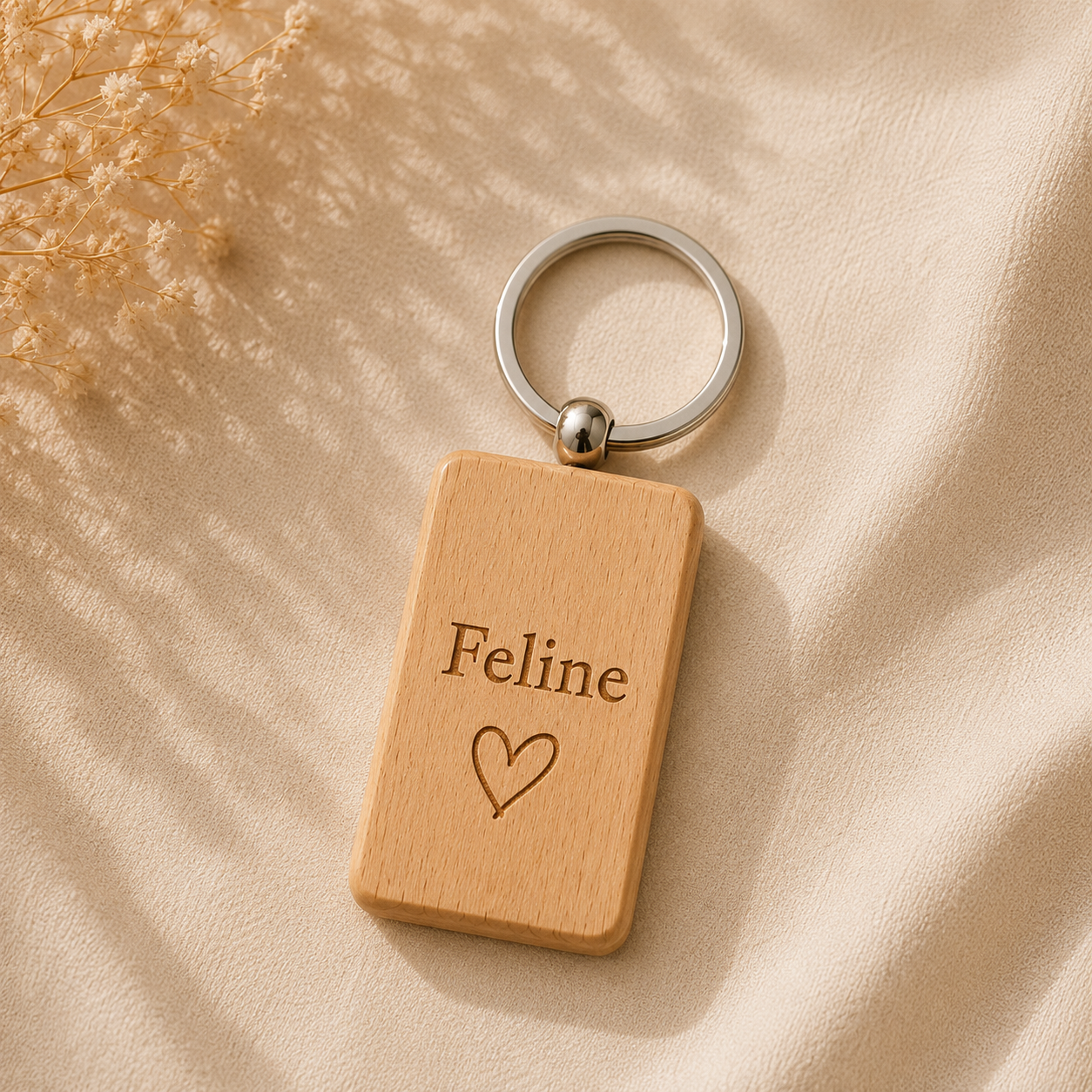 Rechthoekige houten sleutelhanger detail