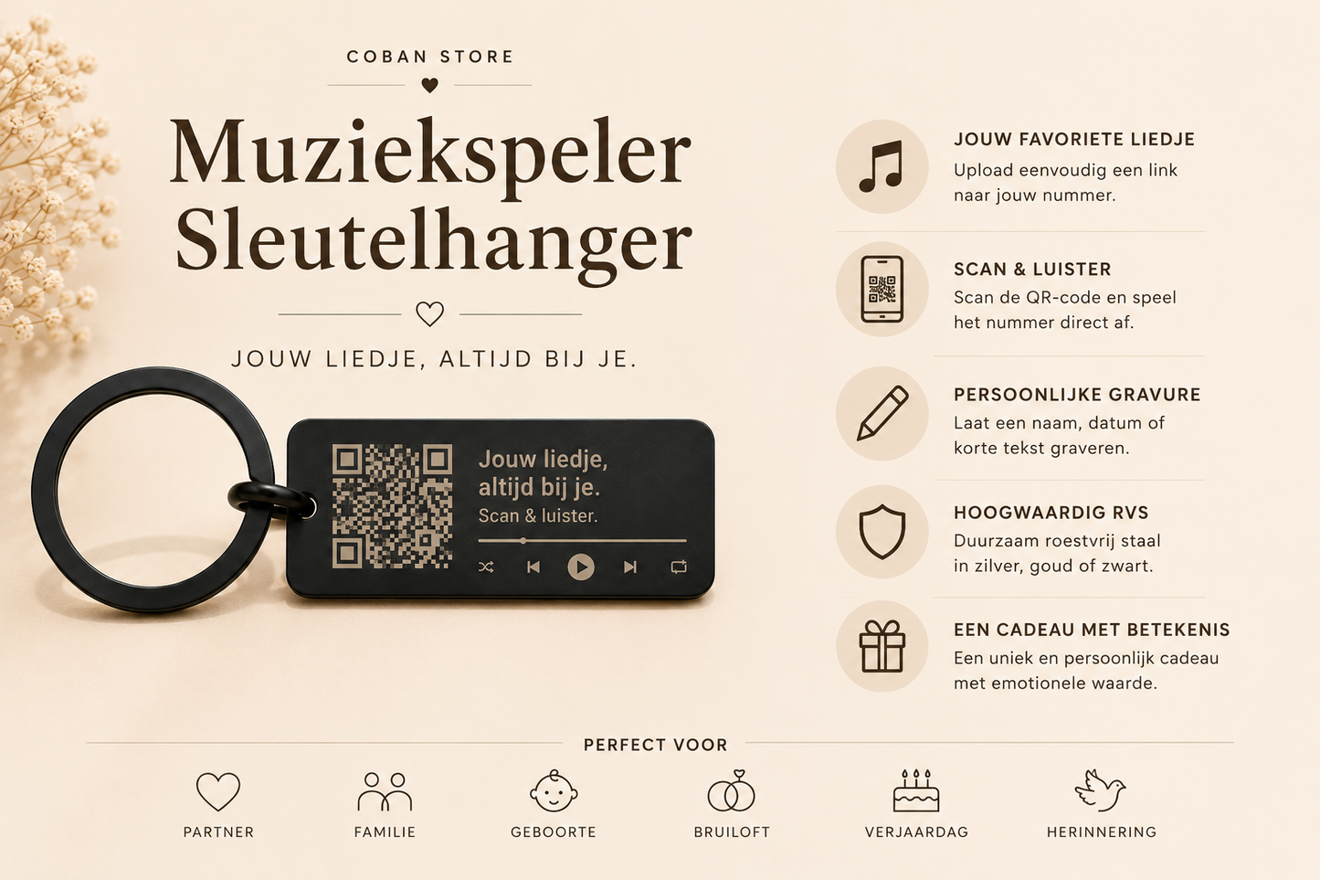 Close-up lasergravure op metalen muziekspeler sleutelhanger