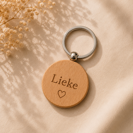 Ronde houten sleutelhanger met lasergravure en ring