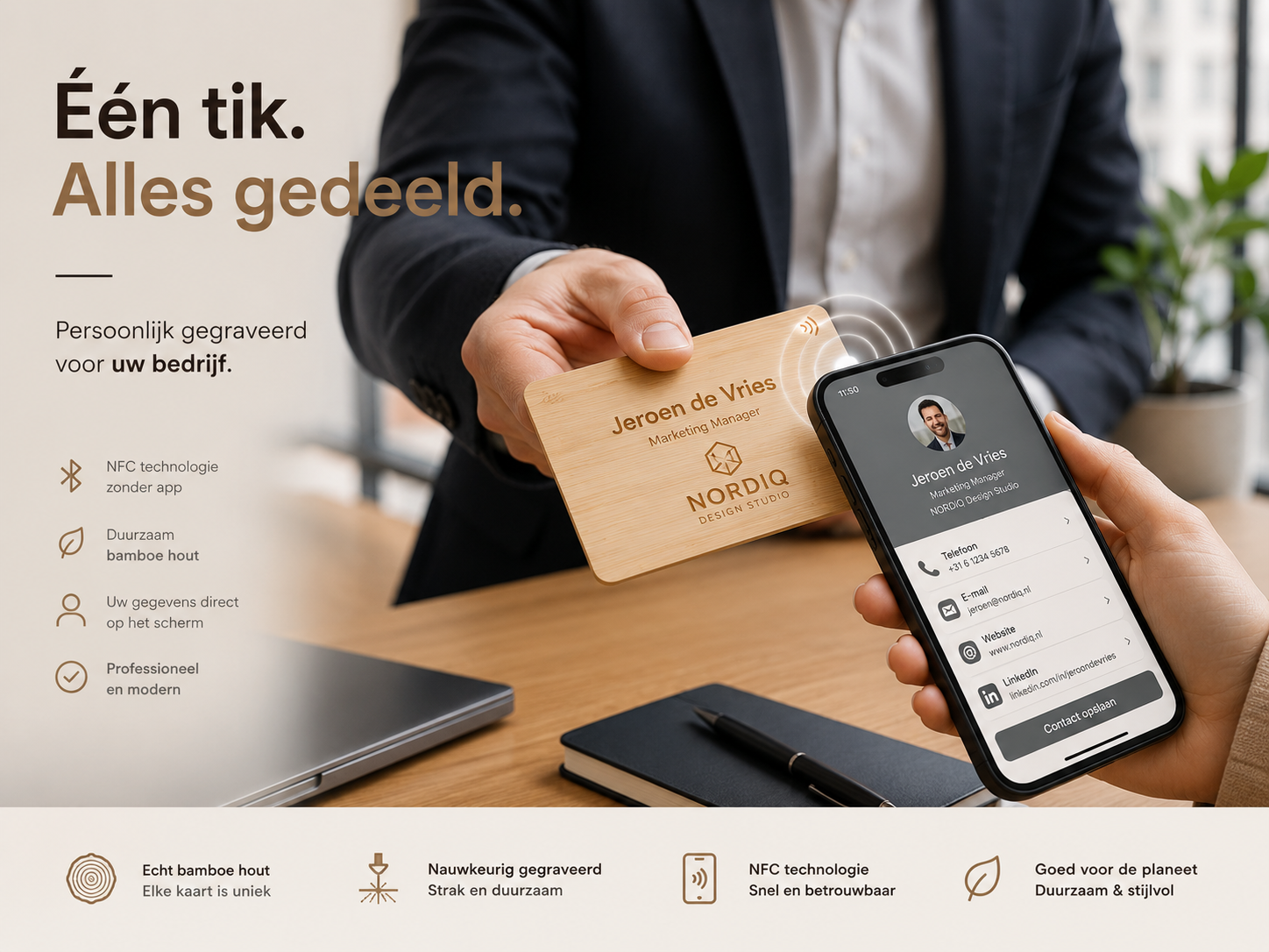 Houten NFC kaartje productweergave