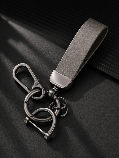 Leren sleutelhanger zwart met lasergravure en metalen ring
