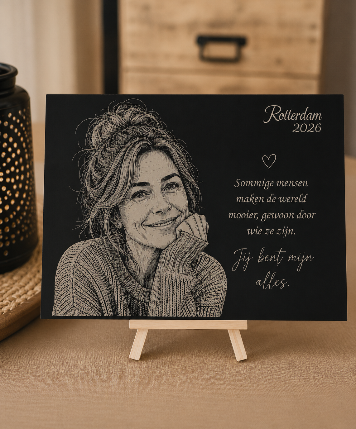 Voorbeeld gepersonaliseerde lijntekening op acryl XL
