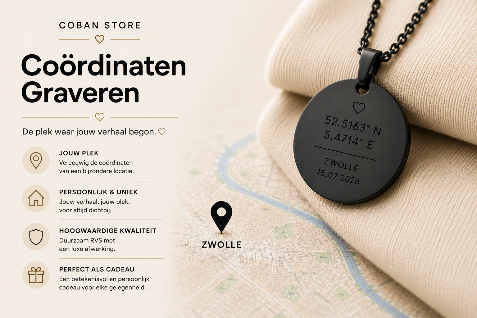 Coördinaten hanger met ketting op ondergrond
