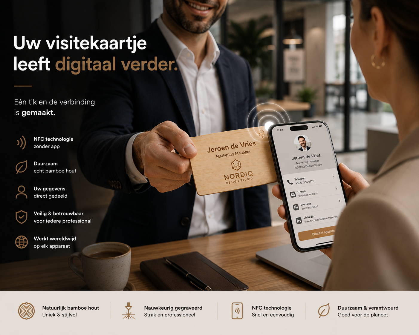 Close-up lasergravure op bamboe NFC kaart