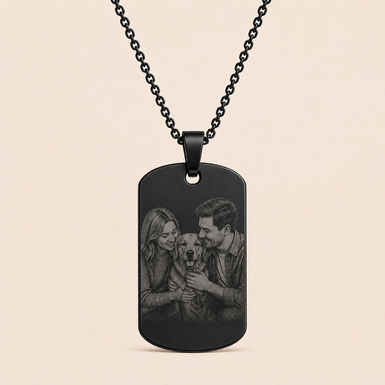 Lijntekening portret gegraveerd op RVS hanger met ketting