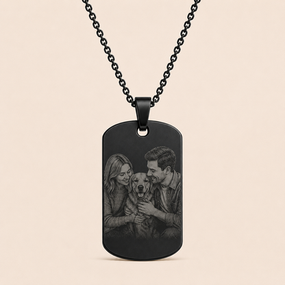 Lijntekening portret gegraveerd op RVS hanger met ketting