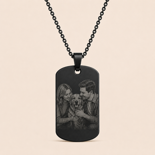 Lijntekening portret gegraveerd op RVS hanger met ketting