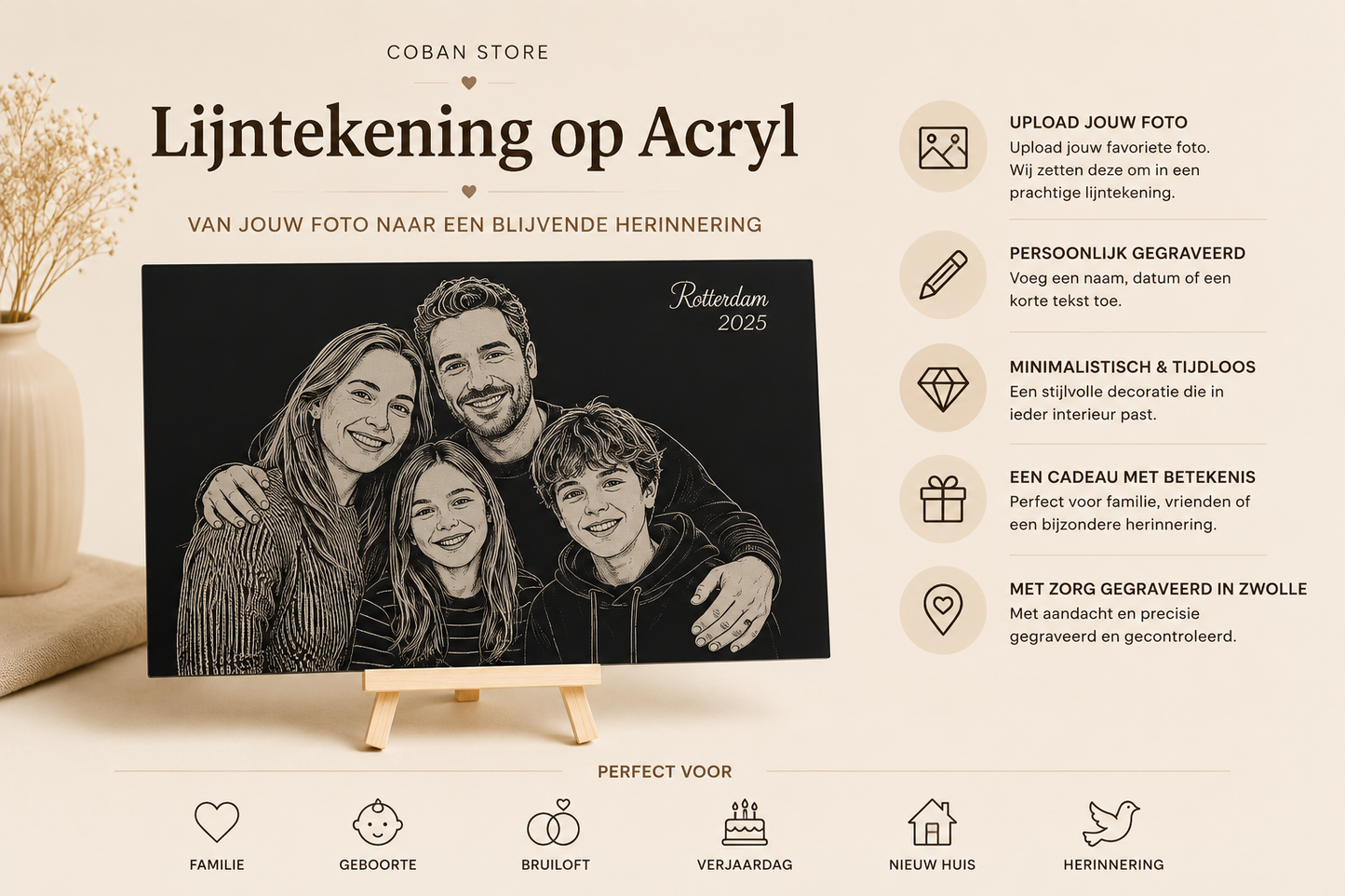 Lijntekening acryl XXL cadeaupresentatie op standaard