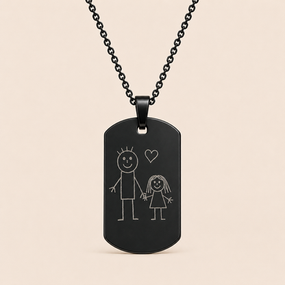 Kindertekening gegraveerd op RVS hanger met ketting