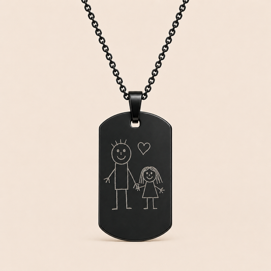Kindertekening gegraveerd op RVS hanger met ketting