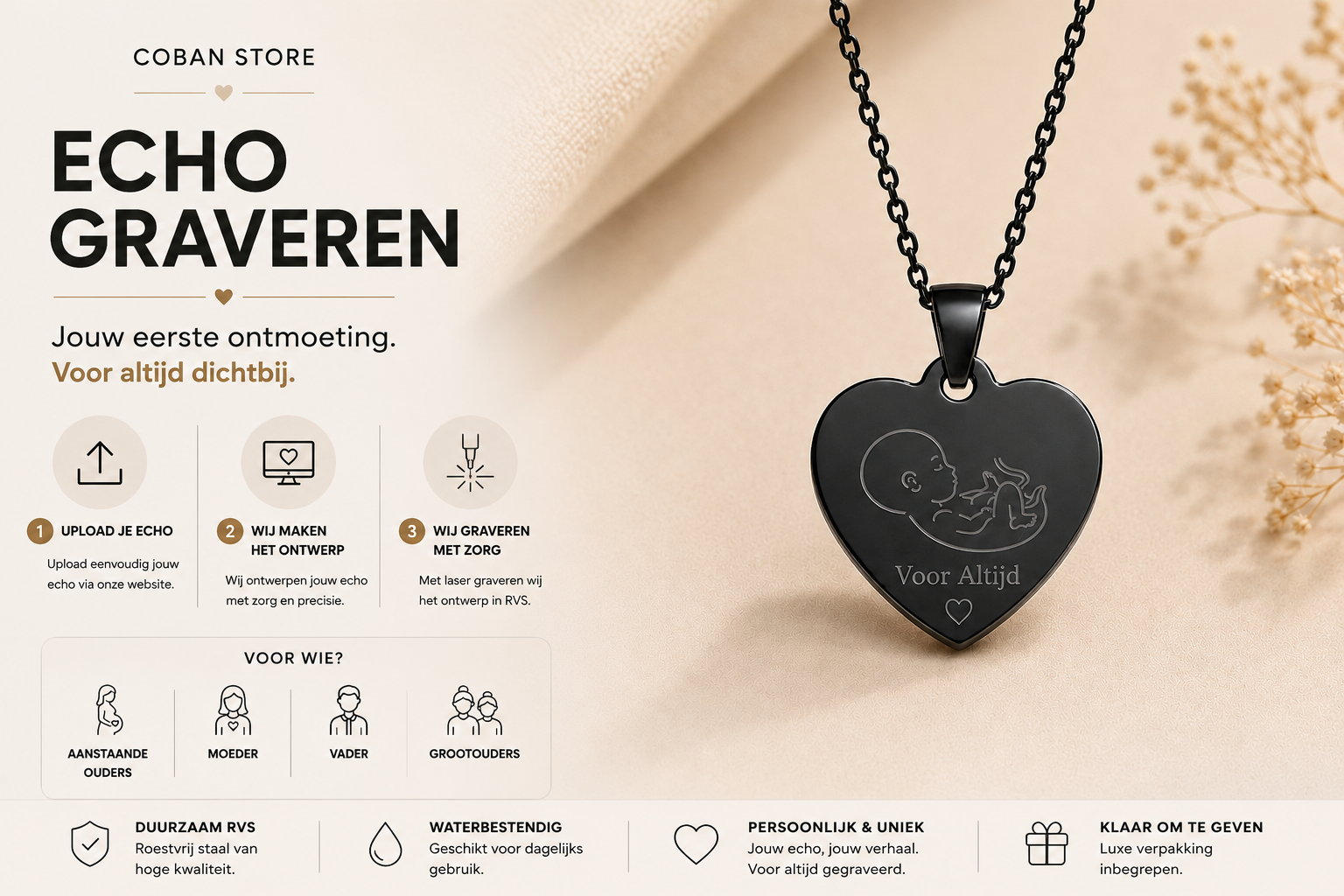 Echo hart hanger als kraamcadeau verpakt met lint
