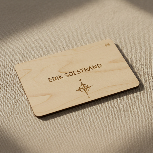 Detail NFC chip en gravure op houten kaartje