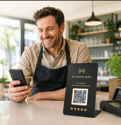 NFC tafelstandaard metaal met QR en lasergravure