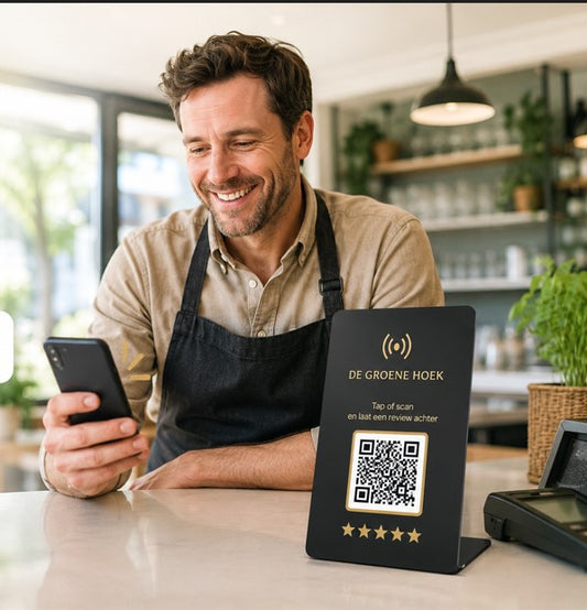 NFC tafelstandaard metaal met QR en lasergravure